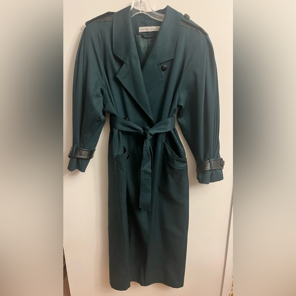 Vintage Trench Coat Leather Wool Forest Green 12 - Picture 1 of 13